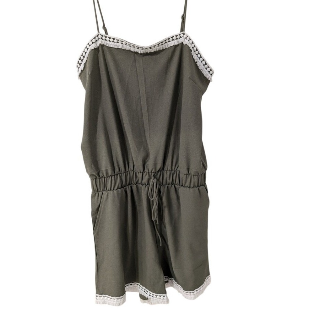 Ninexis Womens Olive Green Romper Boho Crochet Trim Drawstring Waist SIze M